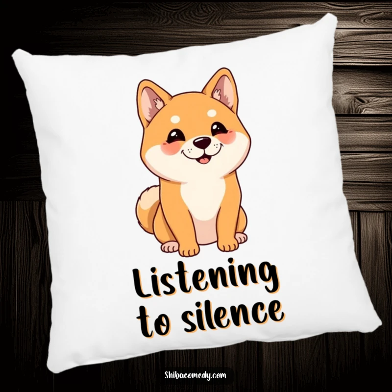 Funny Shiba Inu Pillow: A plush cushion featuring a cheerful Shiba Inu with ears perked, listening with focused attention.