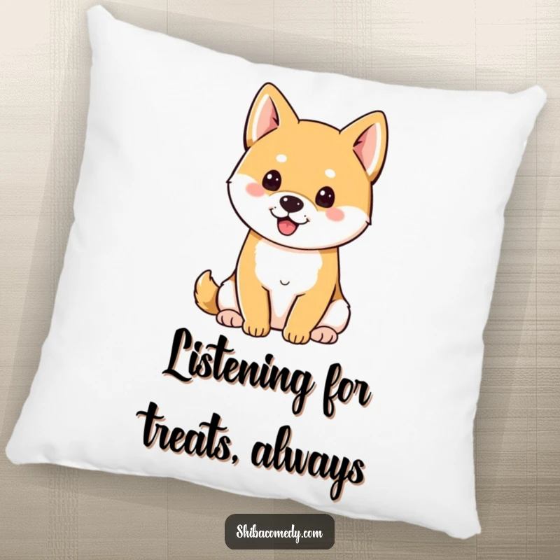 Funny Shiba Inu with perky ears sitting attentively, a humorous and cozy pillow.