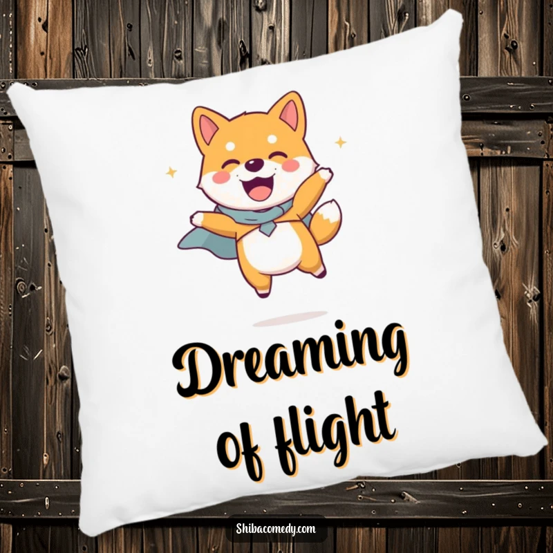 Funny Shiba Inu dog wearing a small cape, caught mid-jump with joy, featured on a soft pillow for maximum cuddles and heroic cheer.