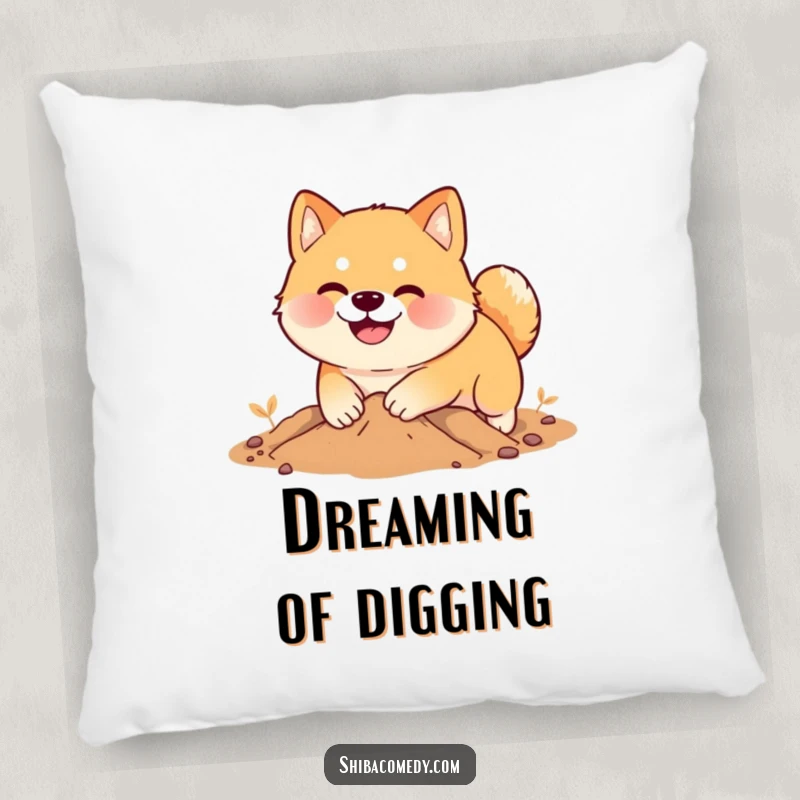 Funny Shiba Inu pillow, a smiling dog digs enthusiastically in soft earth, soft comfortable humorous gift.