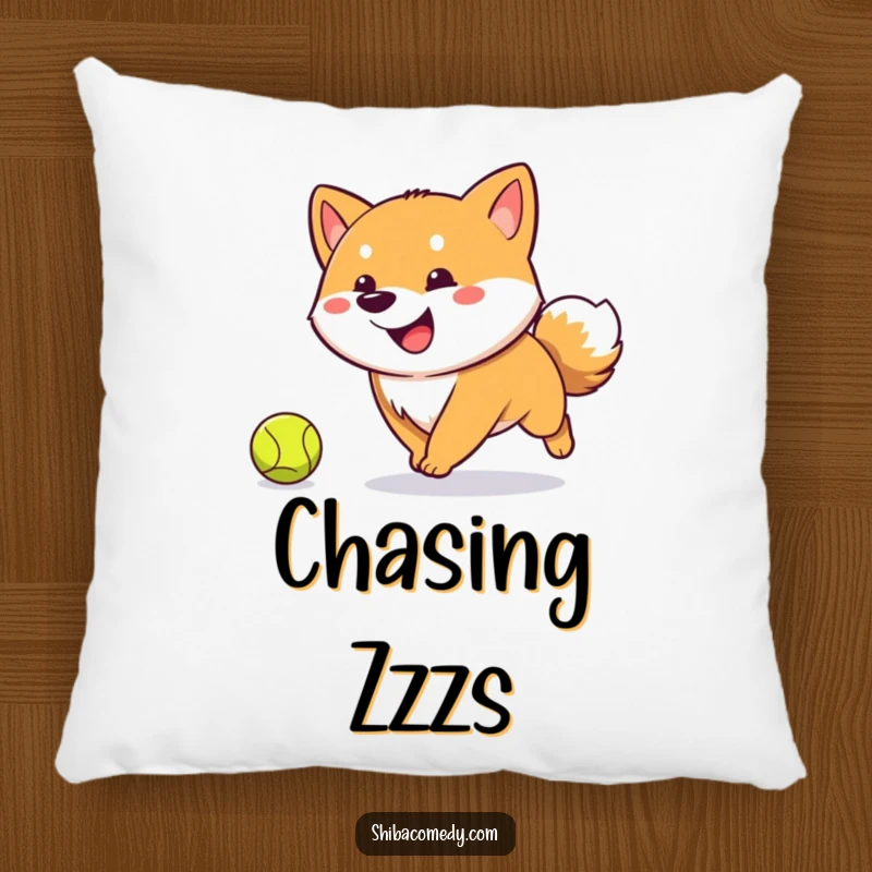 Funny Shiba Inu pillow featuring a happy, tail-wagging dog chasing a tennis ball, soft and humorous for a playful accent.