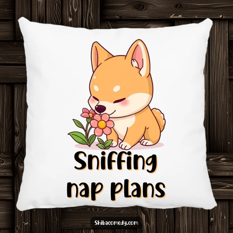 Funny Shiba Inu pillow featuring a curious dog with perked ears sniffing a colorful flower, soft and humorous for a serene accent.