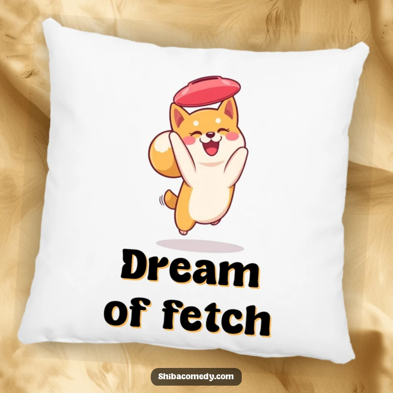 Funny Shiba Inu pillow: a smiling Shiba Inu catches a frisbee mid-air, offering soft comfort and doggy charm.