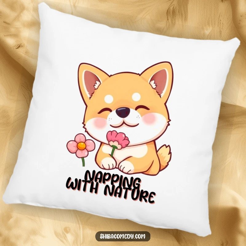Funny pillow featuring a Shiba Inu dog curiously sniffing a flower, offering comfort and a touch of sweet, gentle humor.