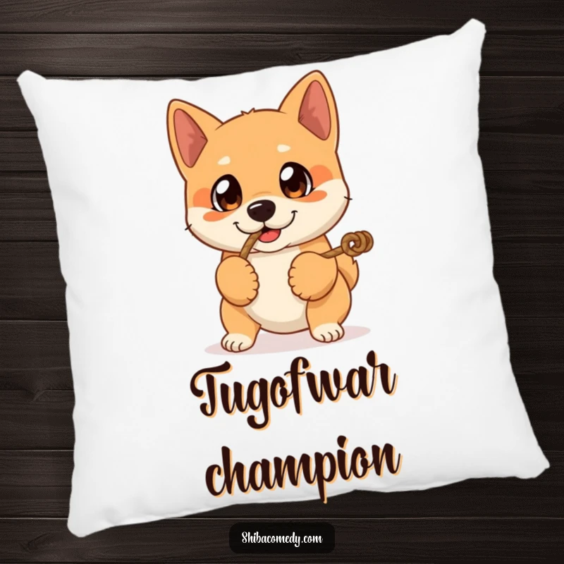 Funny pillow featuring a Shiba Inu dog with large, expressive eyes playing tug-of-war, offering comfort and a dose of playful humor.