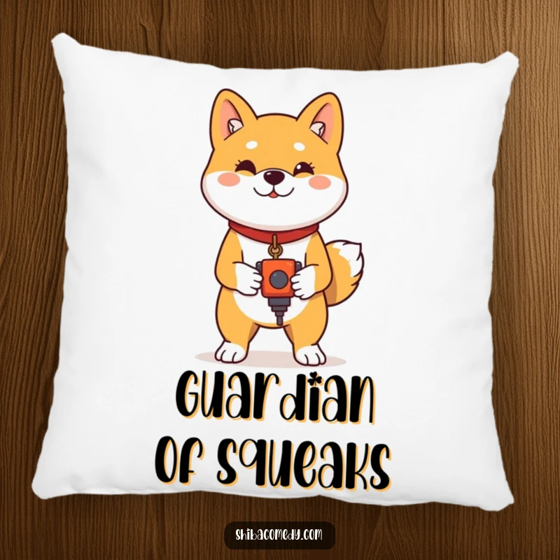 Funny Shiba Inu Pillow: A plush Shiba Inu stands proudly with a toy, offering comfort and a dose of humorous self-assurance.