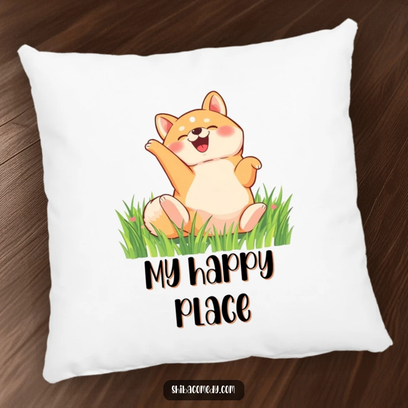 Funny Shiba Inu pillow, a happy dog rolls on its back in a grassy field, soft comfortable humorous gift.