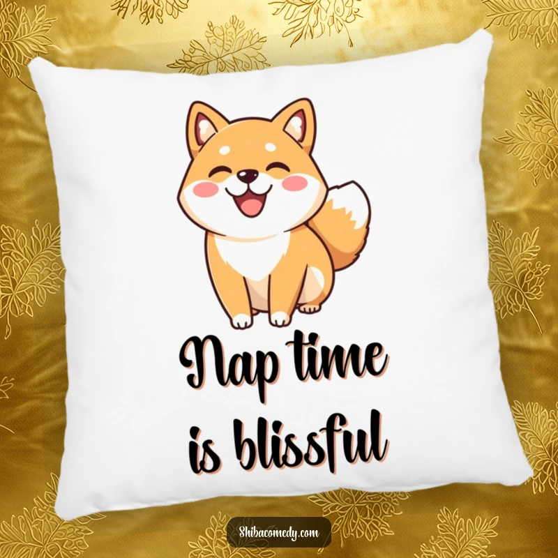 Funny happy Shiba Inu dog with a beaming smile and wagging tail, featured on a soft pillow for maximum cuddles and cheer.