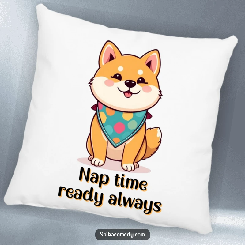 Funny Shiba Inu pillow featuring a proud dog sporting a colorful bandana, providing comfort and a humorous decorative touch for living spaces.