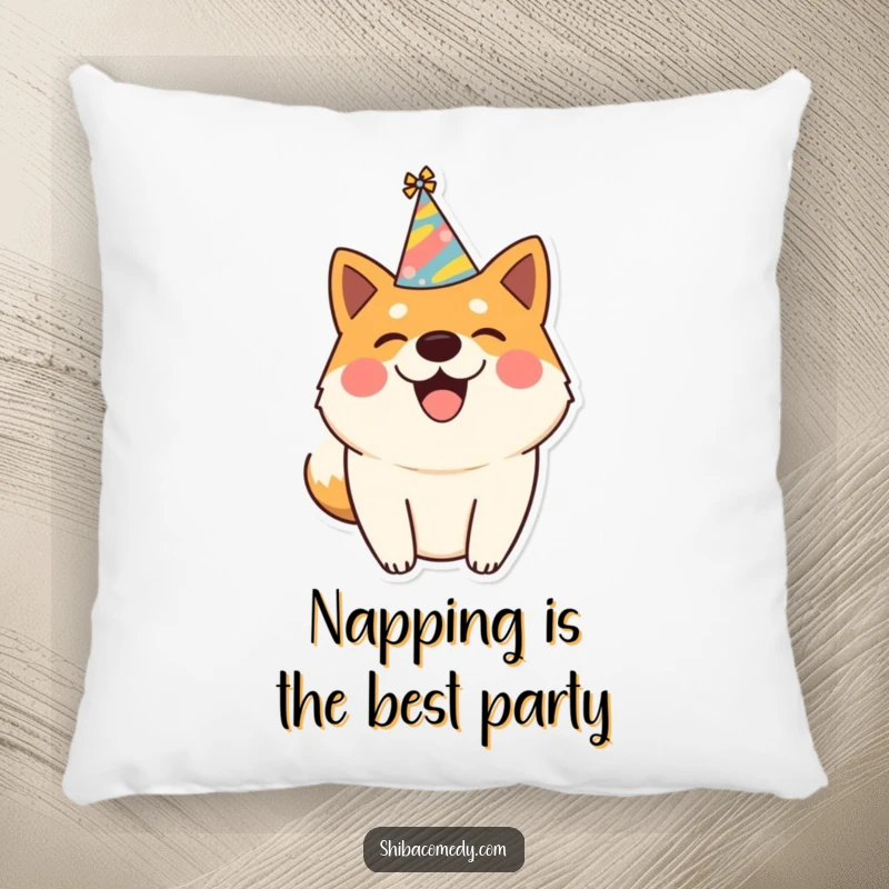 Funny pillow featuring a joyful Shiba Inu dog in a party hat, happily wagging its tail, adding festive comfort.