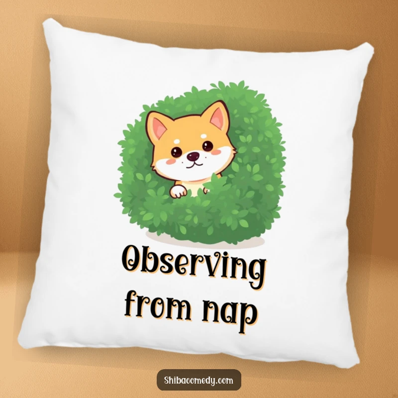 Funny Shiba Inu Pillow showcasing a curious dog peeking from a bush, a soft and humorous gift.