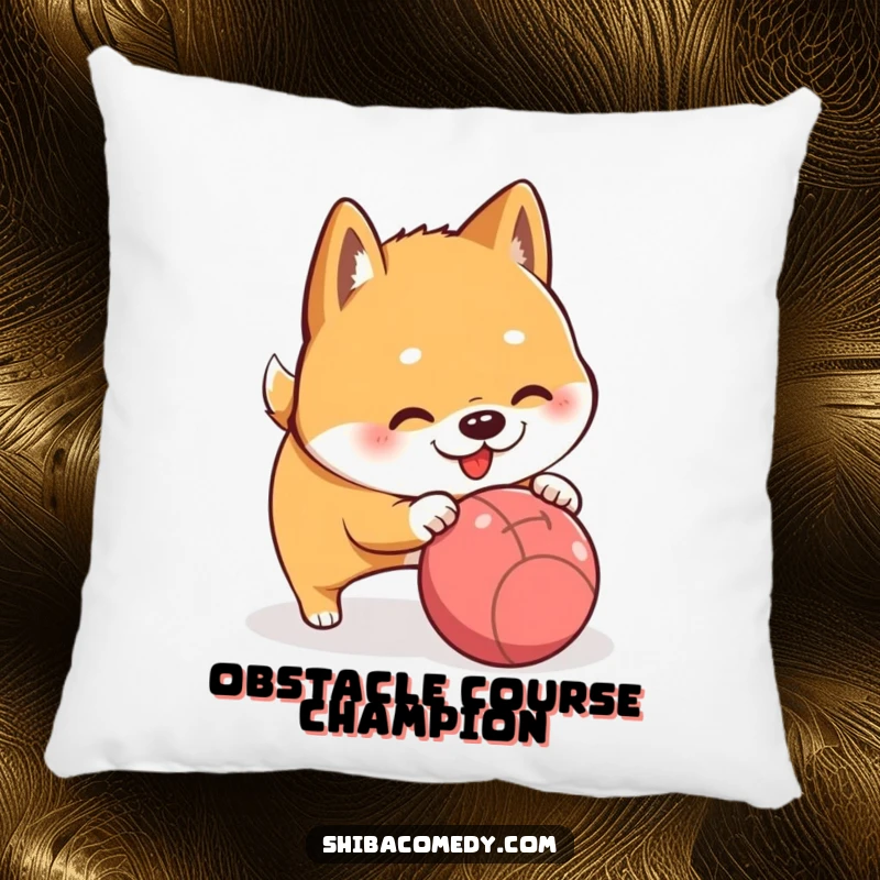 Funny Shiba Inu playfully nudging a rolling ball, a humorous and comfortable pillow.