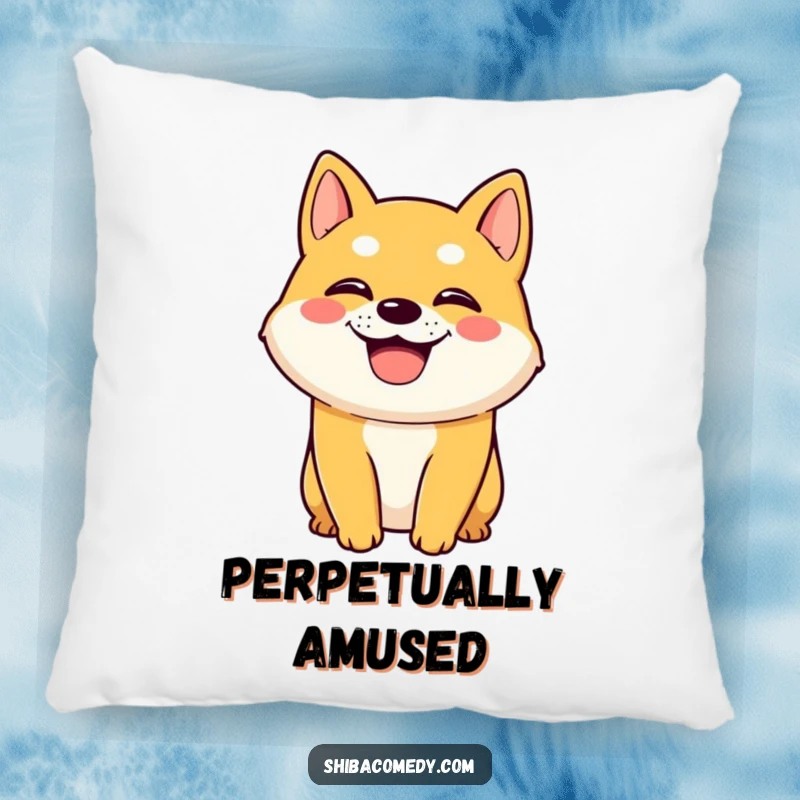 Funny Shiba Inu dog character with a wide grin and panting on a pillow, offering cozy comfort and happy vibes.