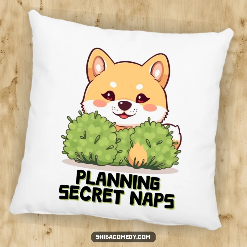 Funny Shiba Inu Pillow: A plush Shiba Inu peeks mischievously from behind a bush, offering comfort and a dose of playful humor.