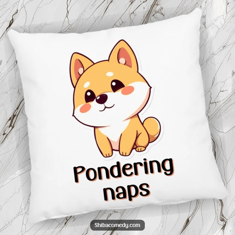 Funny Shiba Inu dog character tilting its head curiously with one ear up on a pillow, offering cozy comfort and thoughtful vibes.
