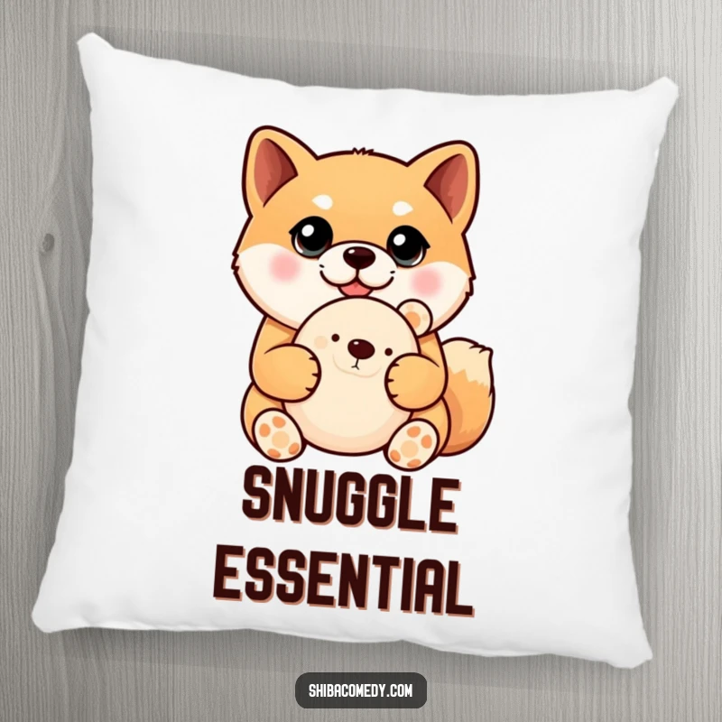 Funny Shiba Inu pillow featuring a sweet-faced dog with oversized eyes holding a soft plush toy, perfect for decoration and comfort.