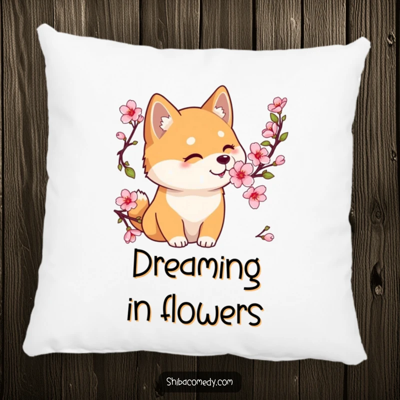 Funny Shiba Inu pillow featuring a gentle dog sniffing a cherry blossom, offering comfort and serene vibes.