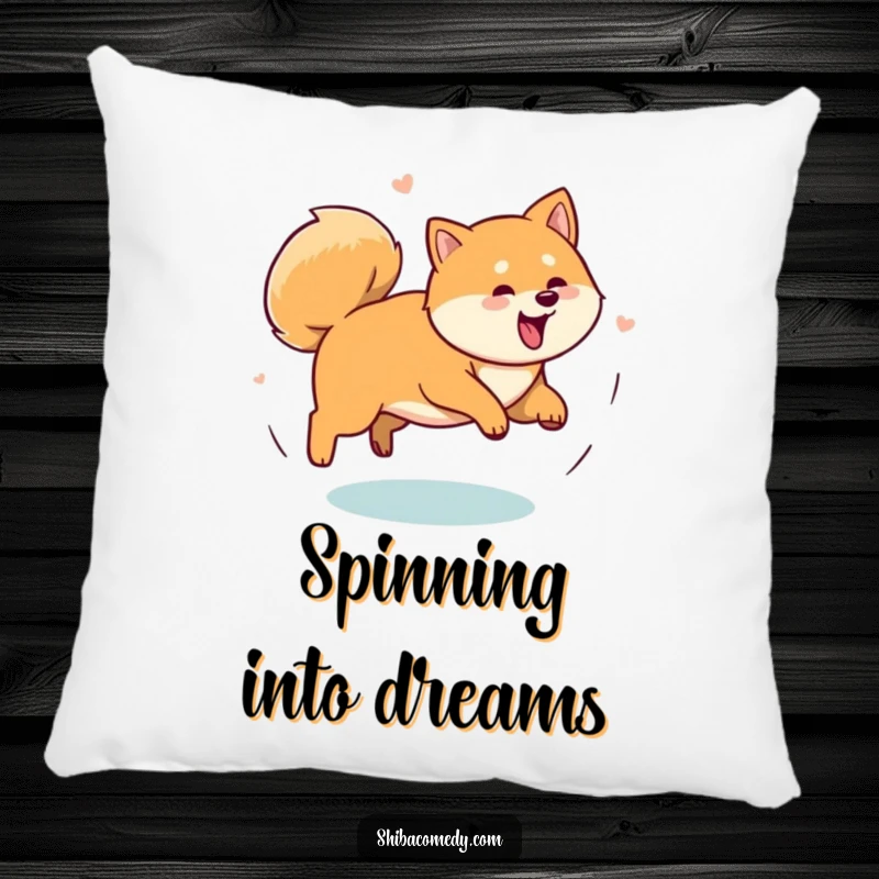 Funny Shiba Inu dog caught in a dizzying spin chasing its tail, featured on a soft pillow for maximum cuddles and amusement.