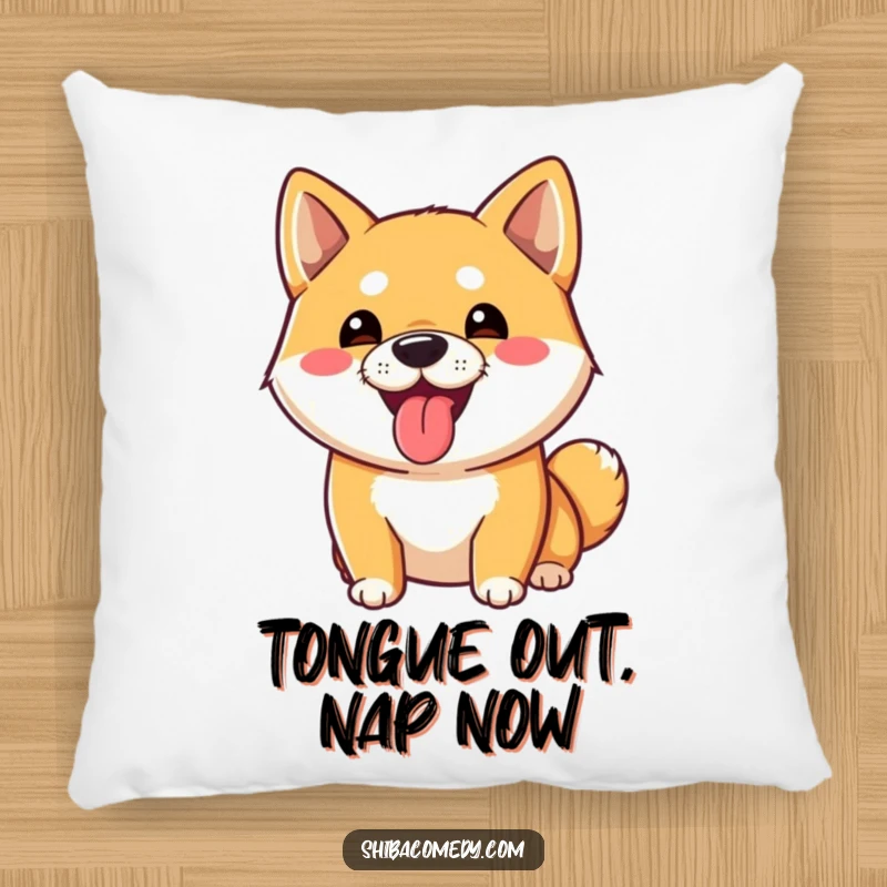 Funny Shiba Inu Pillow: A playful Shiba Inu dog sticks its tongue out, providing cozy and funny comfort.