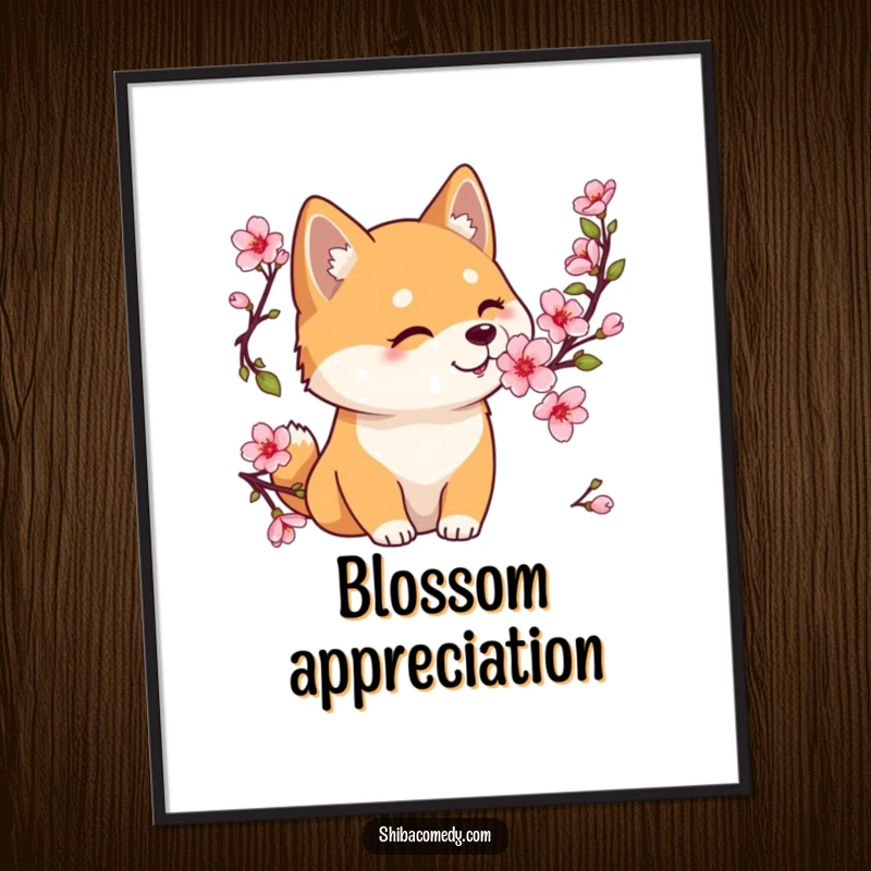 Funny Shiba Inu digital art print of a gentle dog sniffing a blooming cherry blossom, capturing a moment of pure peace.