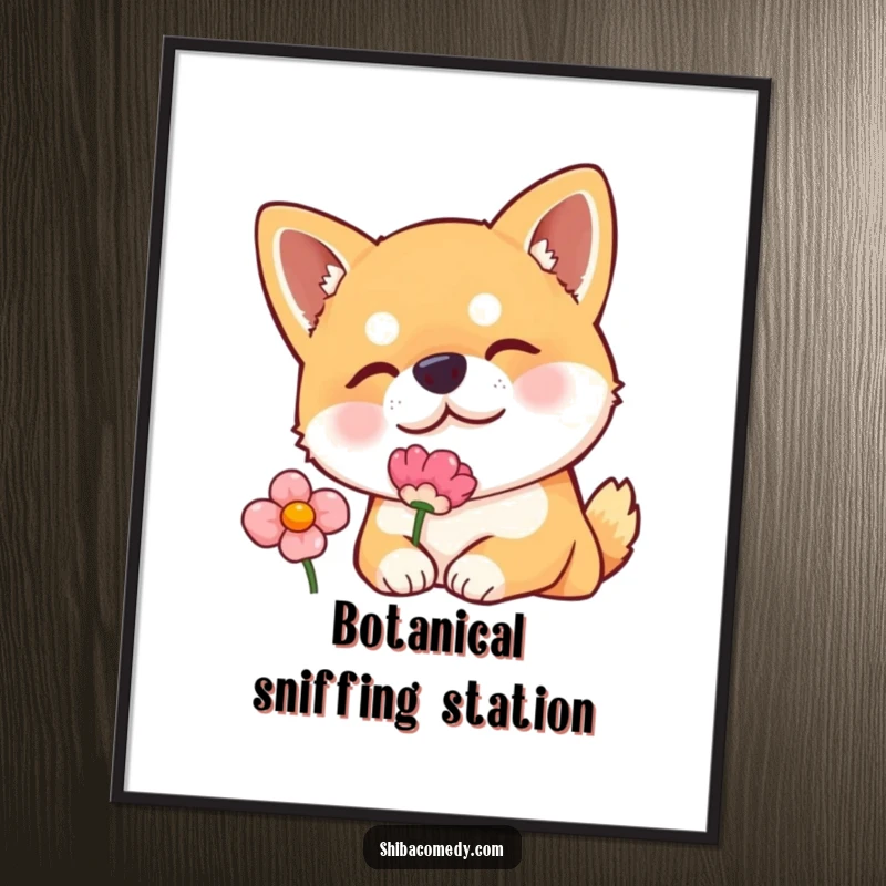 Funny digital art print of a curious Shiba Inu dog tilting its head to sniff a flower, bringing gentle humor and charm instantly.