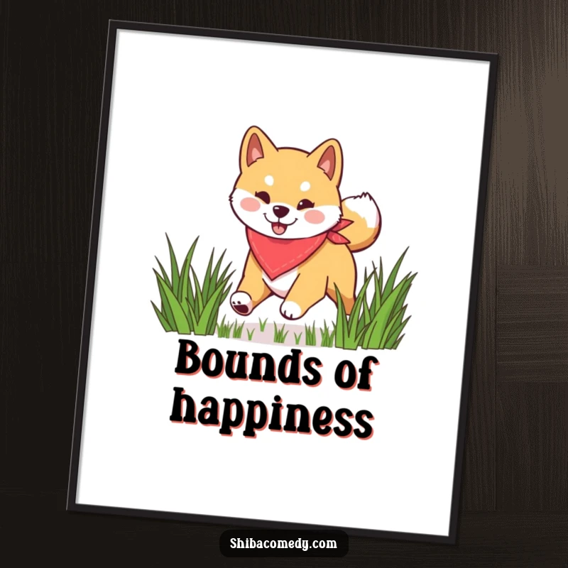 Funny Shiba Inu digital art print of a happy dog in a bandana bounding through grass, capturing pure, unadulterated joy.