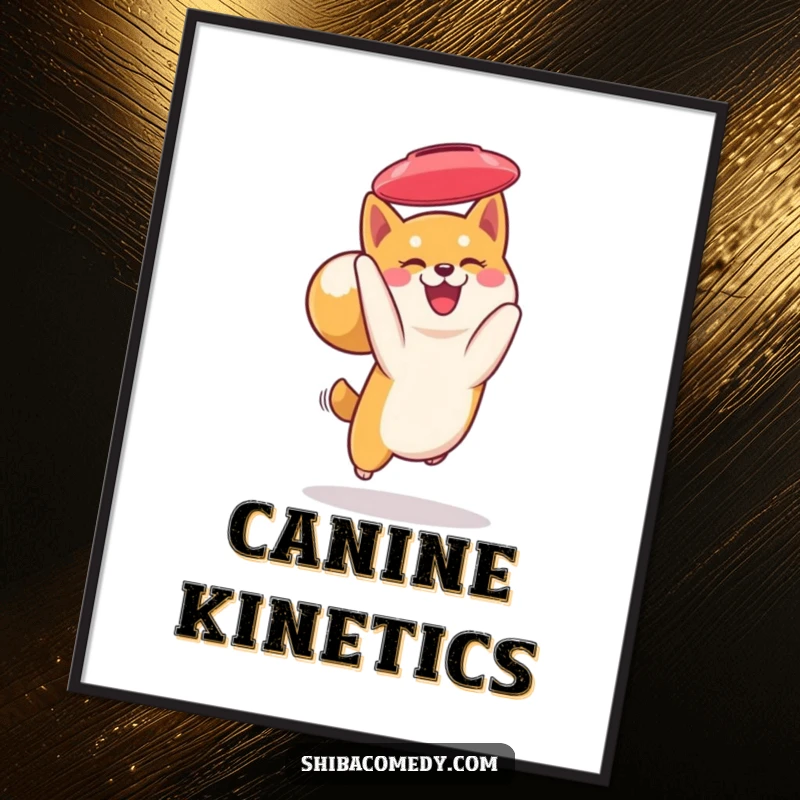 Funny Shiba Inu digital art print: a smiling Shiba Inu leaps to catch a frisbee mid-air, creating art full of energy.