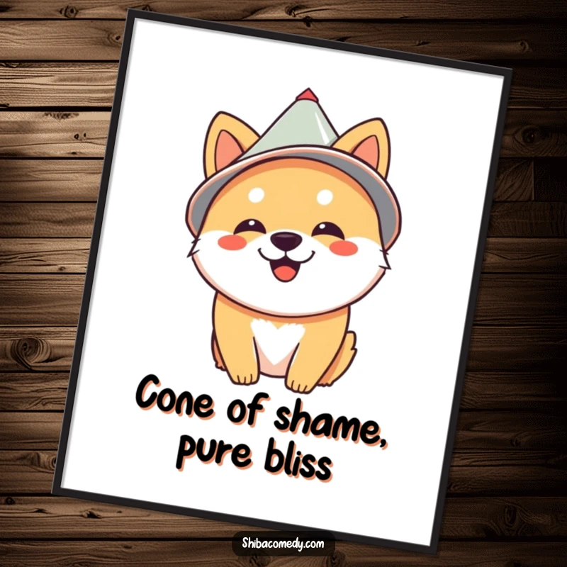 Funny Shiba Inu wearing a cone hat, looking pleased and joyful, perfect for humorous digital wall art.