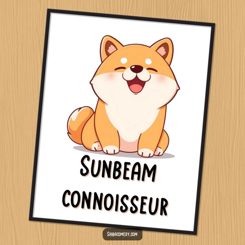 Funny Shiba Inu digital art print of a content dog with eyes closed, basking in a sunny spot. Instant download.