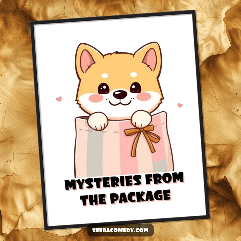 Funny digital art print of a curious Shiba Inu dog peeking its head out from a gift bag, creating a sense of delightful surprise.