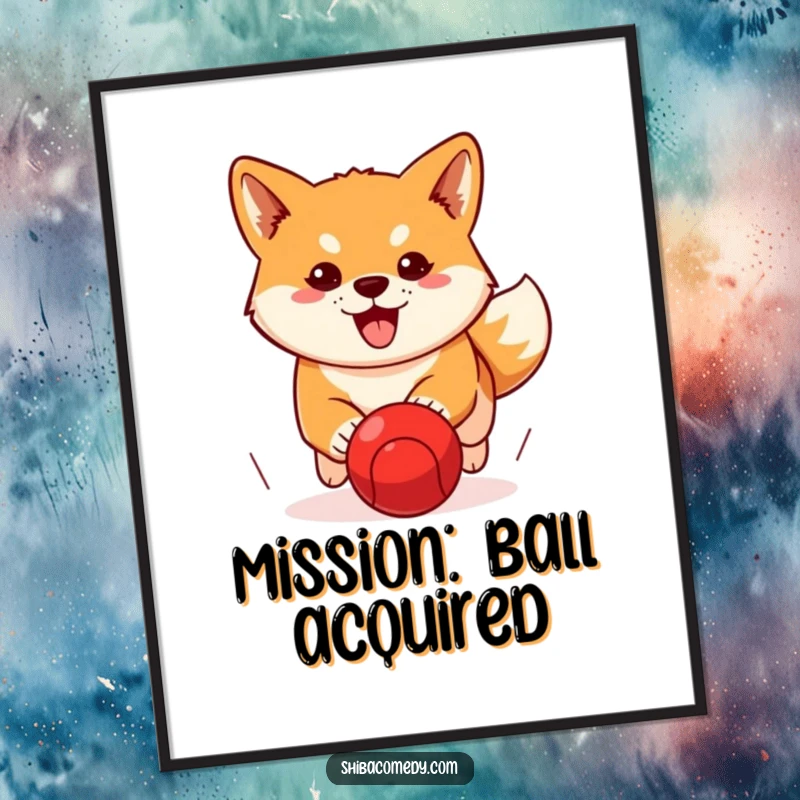 Funny Shiba Inu digital art print of a determined dog chasing a red ball, offering instant humorous motivation.