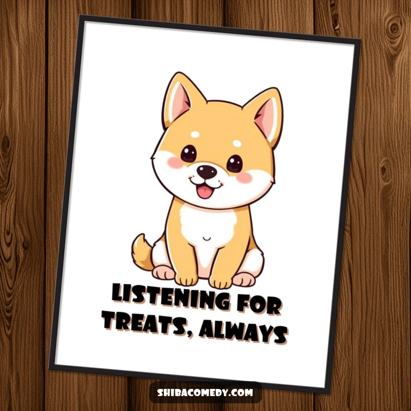 Funny Shiba Inu with perky ears sitting attentively, a humorous digital art print for walls.