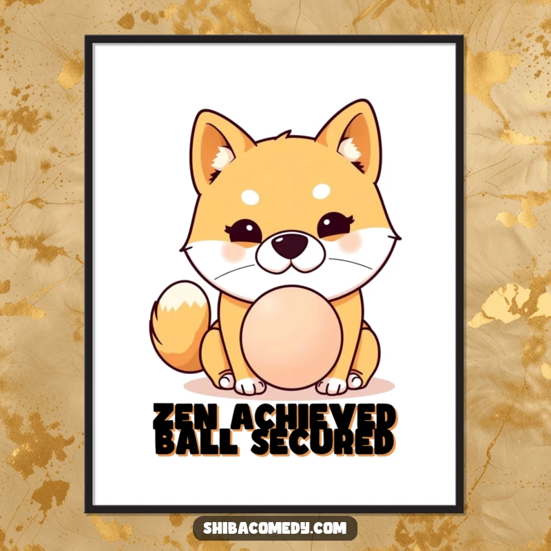 Funny Shiba Inu digital art print of a dog with determined focus balancing a ball on its nose, instant humorous wall decor.