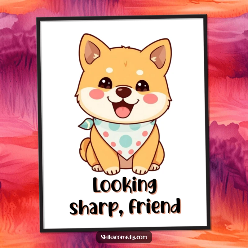 Funny Shiba Inu Digital Art Print of a cheerful dog with a tiny bandana, easy to download and a great funny gift.