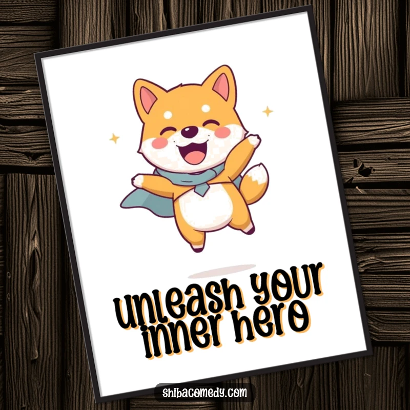 Funny Shiba Inu dog wearing a tiny cape, leaping with pure joy, a digital art print bursting with heroic charm and vibrant colors.