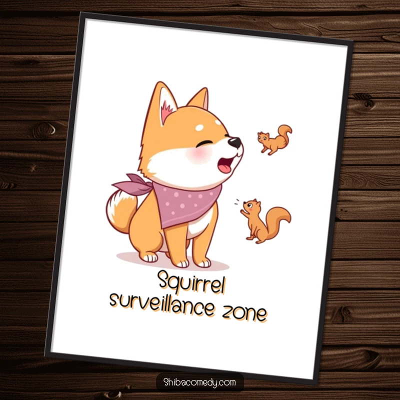 Funny digital art print of a Shiba Inu wearing a bandana, barking at a squirrel, bringing instant humor and charm to any screen.