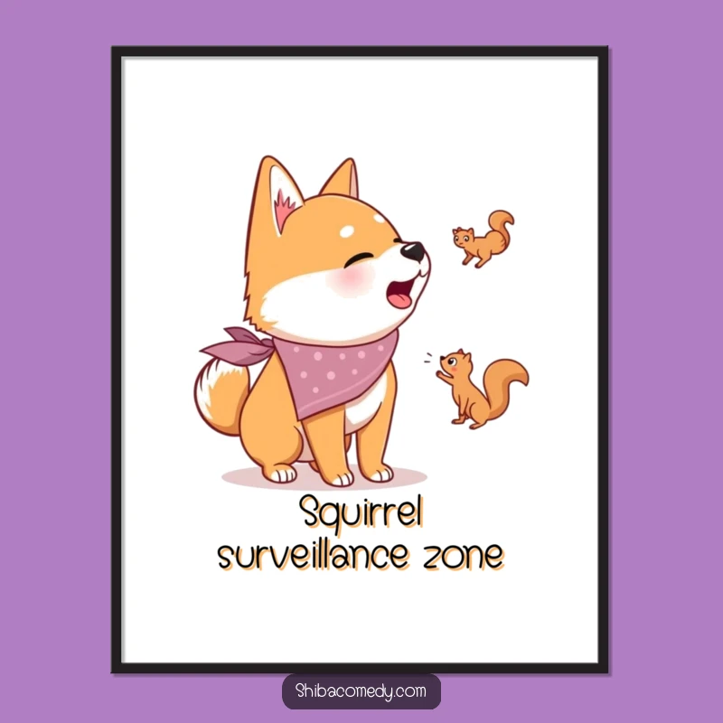 Funny Shiba Inu Digital Art: Bandana Dog Barking Squirrel Print, Instant Download Gift
