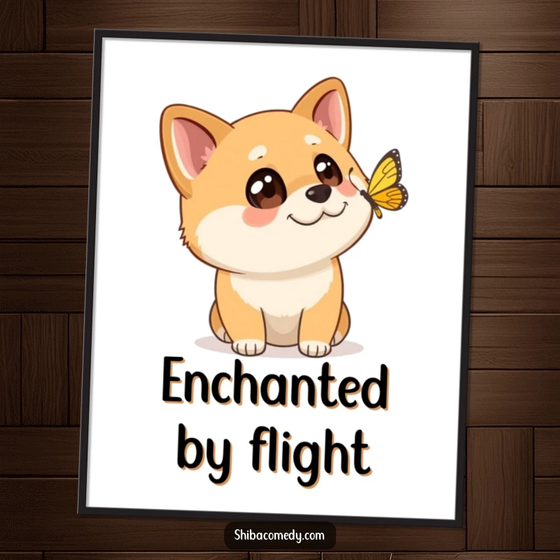 Funny Shiba Inu digital art print showing a dog with wide, mesmerized eyes watching a butterfly flutter past.