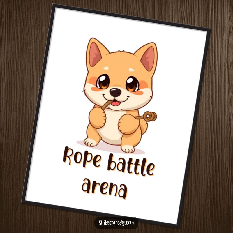 Funny digital art print of a Shiba Inu dog with large, expressive eyes playing tug-of-war, bringing instant playful energy to any screen.