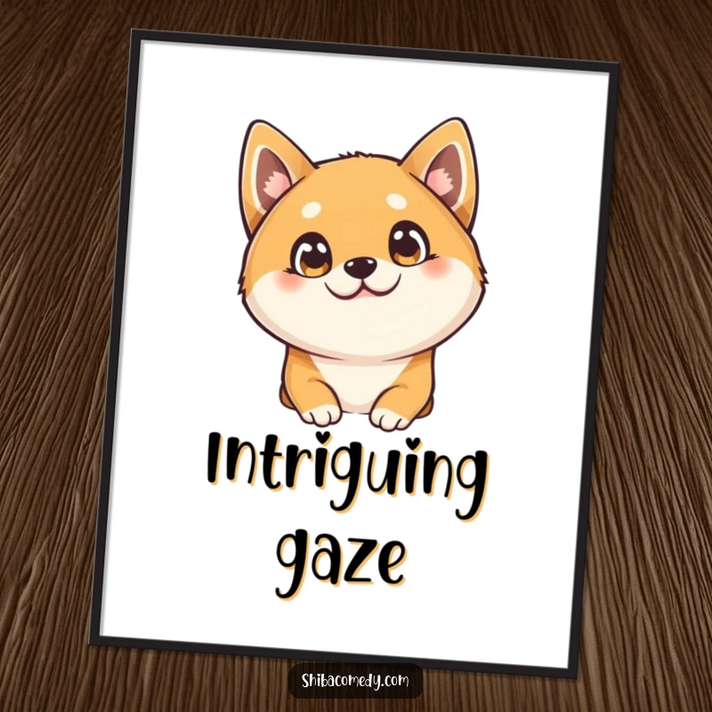Funny Shiba Inu digital art, a curious dog tilts its head with big bright eyes, printable humorous wall art.