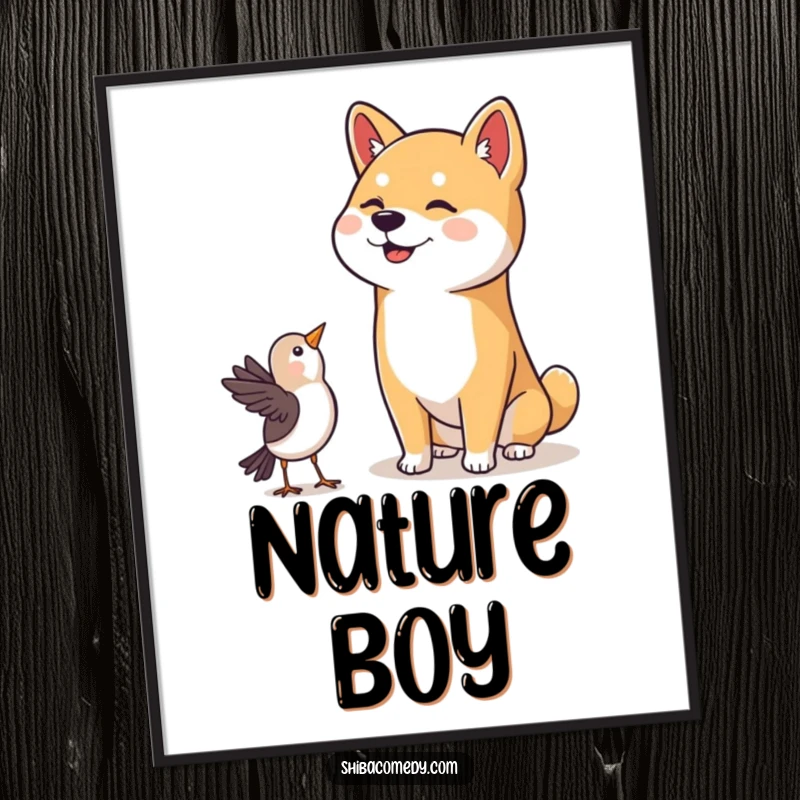 Funny Shiba Inu Digital Art: An adorable Shiba Inu with a happy head tilt watches a bird, offering instant charm and humor.