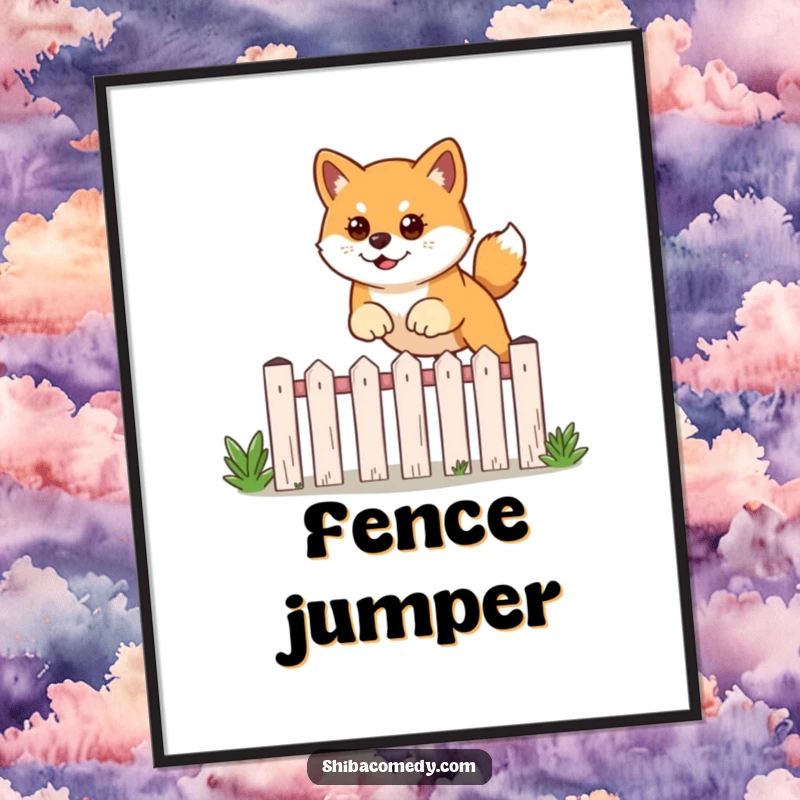 Funny digital art print of a determined Shiba Inu dog leaping over a garden fence.