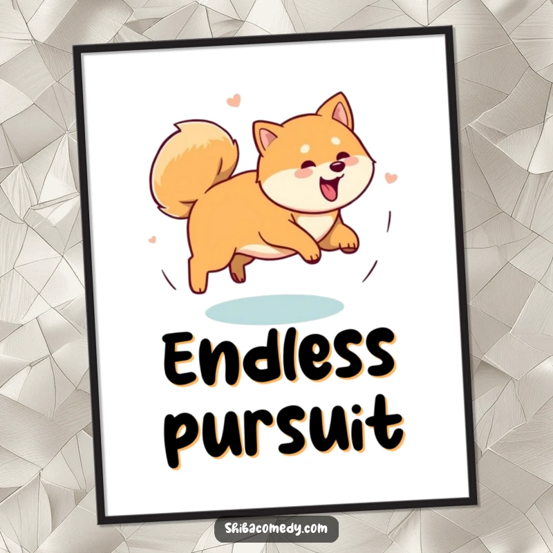 Funny Shiba Inu dog in a comical, spiraling chase after its tail, a digital art print bursting with action and humorous doggy charm.
