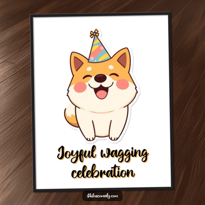 Funny digital art print of a joyful Shiba Inu dog wearing a party hat and wagging its tail, embodying pure celebration.