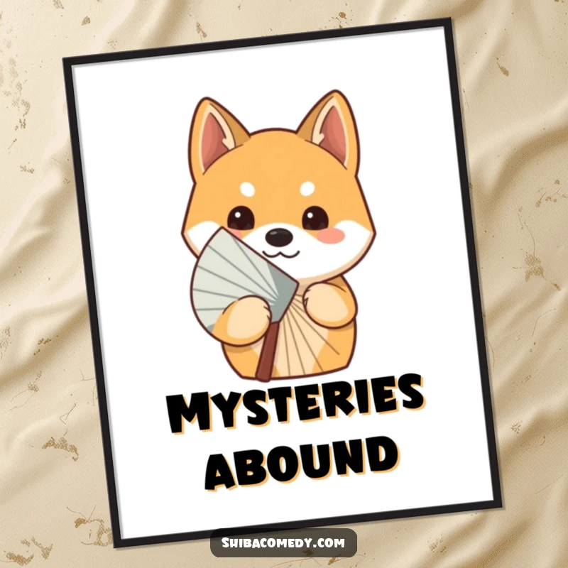Funny curious Shiba Inu dog peeking from behind a fan, a digital art print bursting with playful mystery and canine charm.