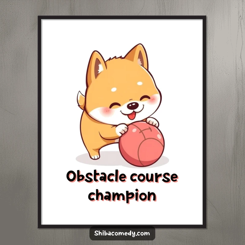 Funny Shiba Inu playfully nudging a rolling ball, a humorous digital art print for walls.