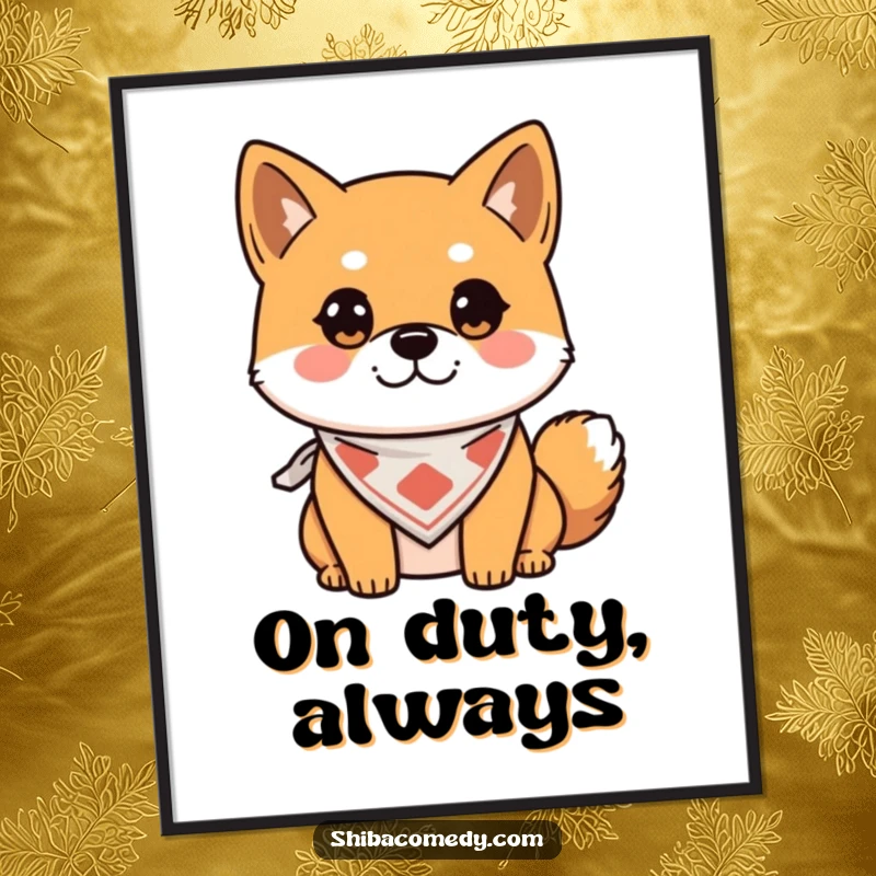 Funny Digital Art Print of an alert Shiba Inu wearing a bandana, printable wall decor, perfect humorous gift.