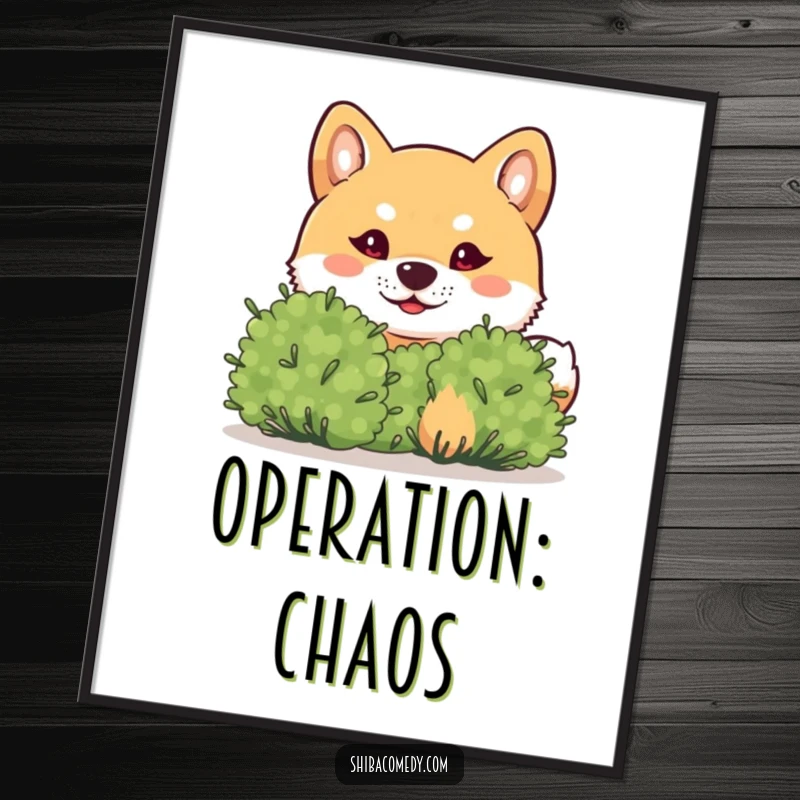 Funny Shiba Inu Digital Art: A mischievous Shiba Inu peeks from behind a bush with playful eyes, offering instant humor.