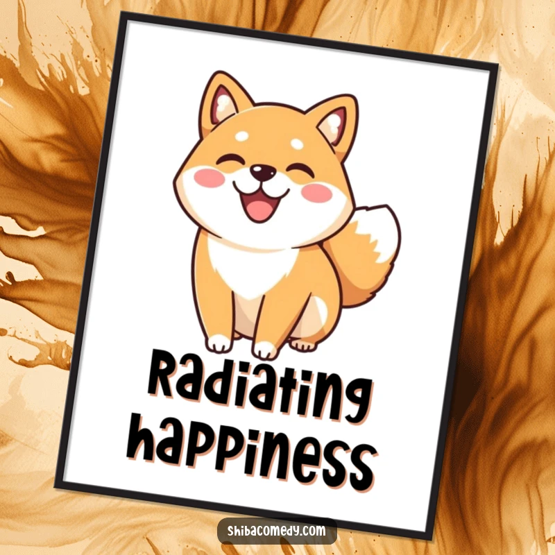 Funny happy Shiba Inu dog with a joyful smile and wagging tail, a digital art print bursting with canine cheer and vibrant colors.