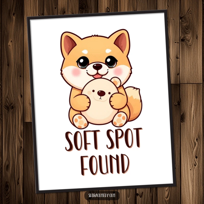 Funny Shiba Inu digital art print of a dog with incredibly large eyes, hugging a plush toy, ready for instant download.